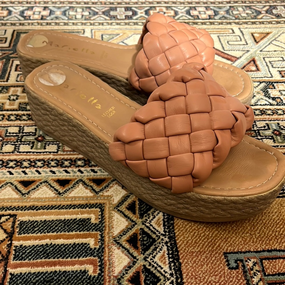 Pale pink platform woven leather and rattan sandal